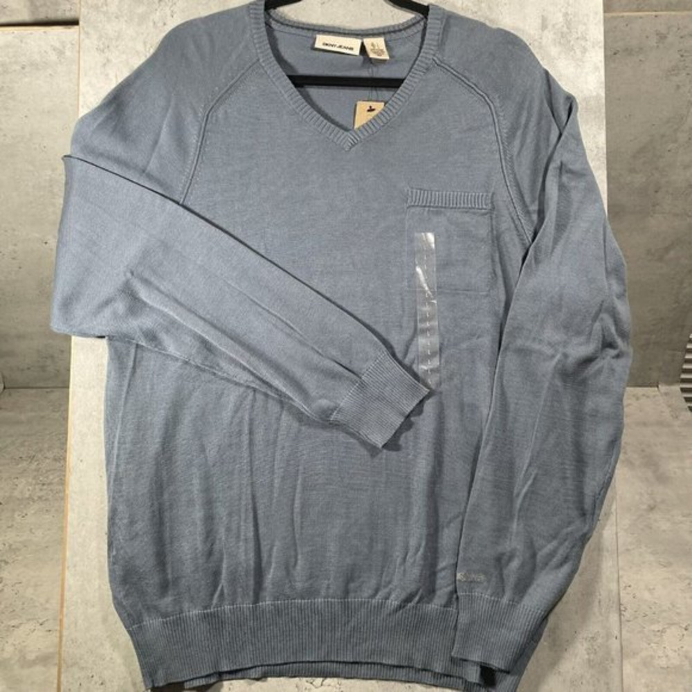 DKNY JEANS Mens Cotton Grey Blue Long Sleeve V Neck Soft Sweater‎ Size L NWT
